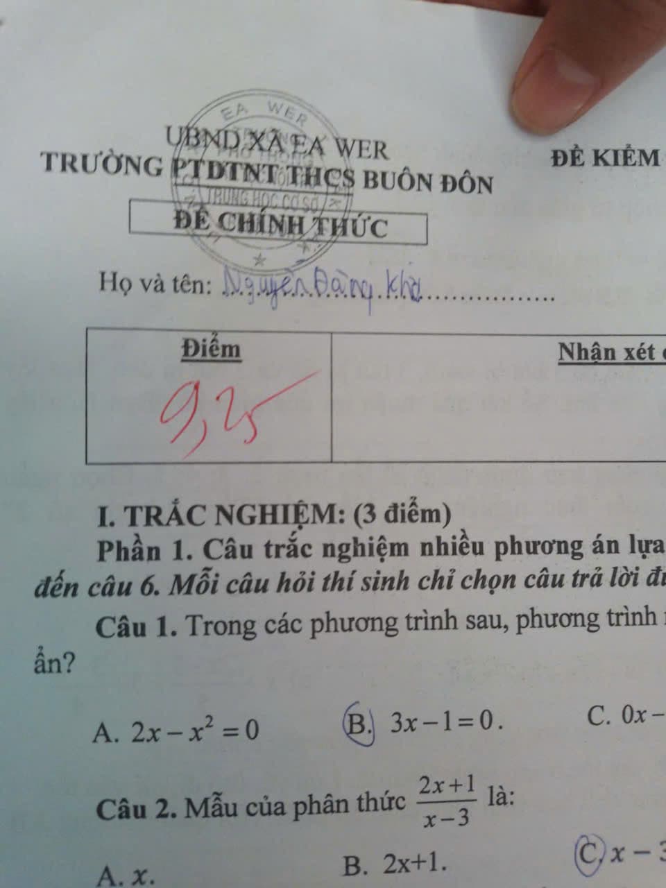 9,25 Điểm HK2 - Lớp 8